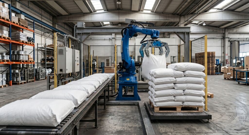 Pallettizzatore sacchi: layout con robot a portale
