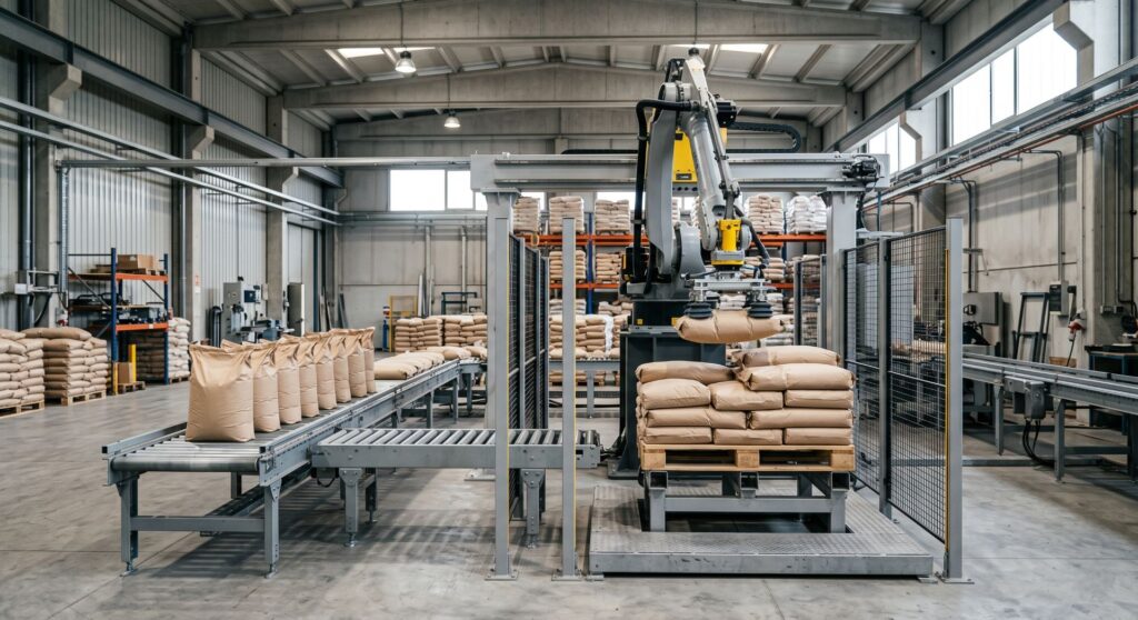 Pallettizzatore sacchi usato: fine linea in 20 mq